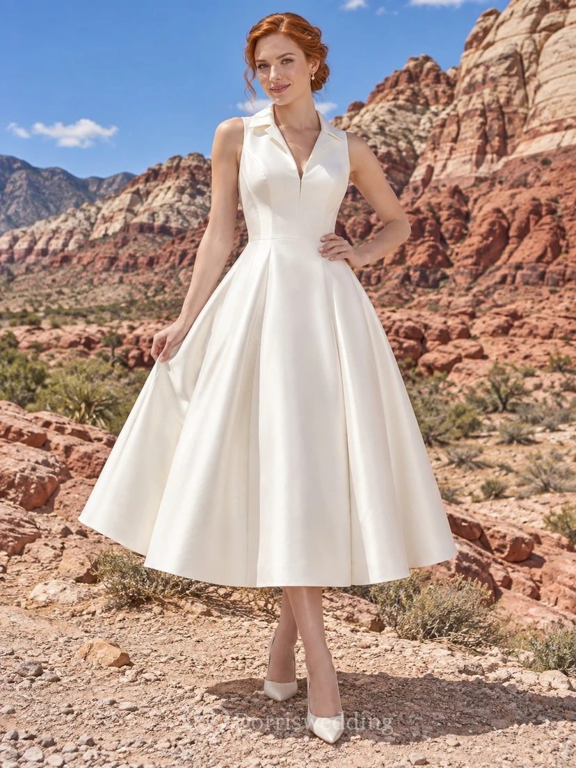 Vestido de novia sencillo de corte A, largo hasta la rodilla, escote en V, sin mangas, plisado, de satén de algodón
