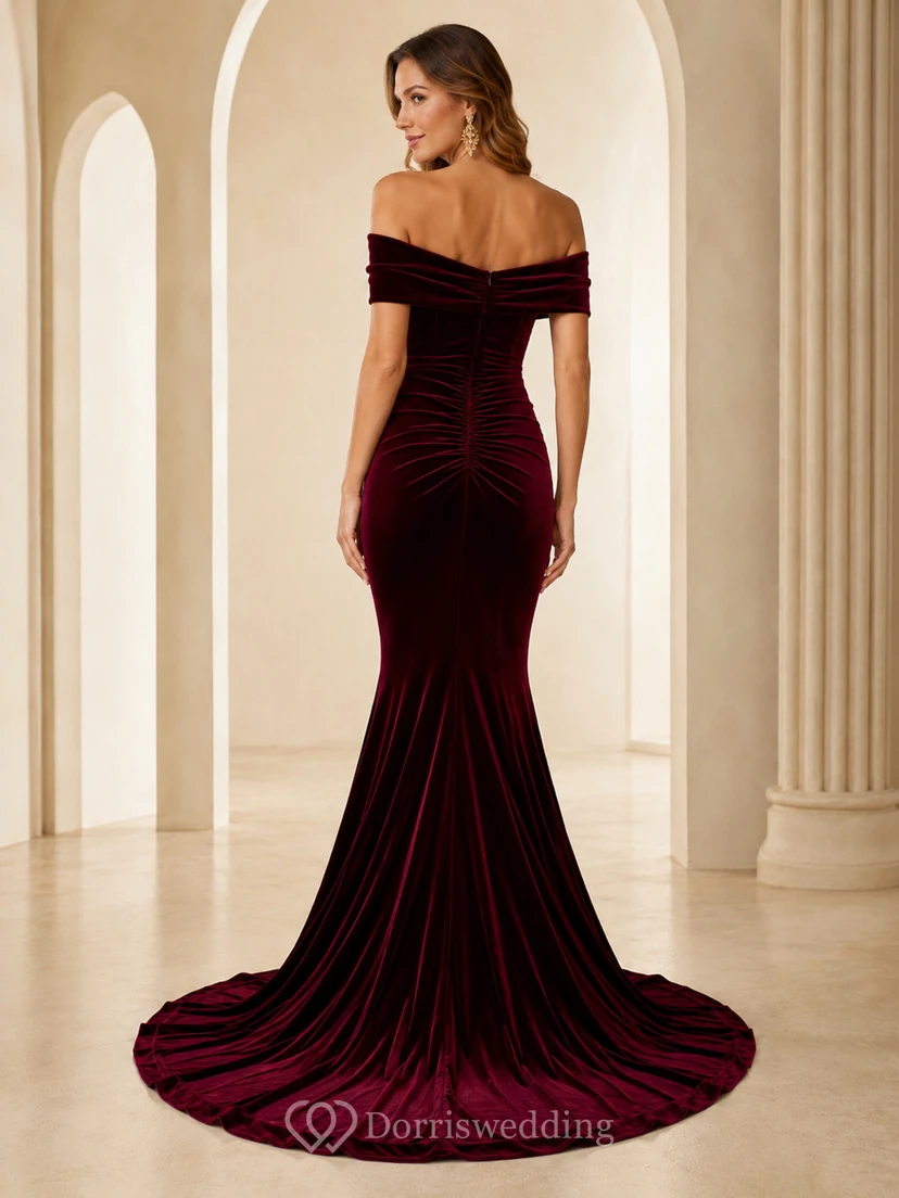 Burgundy Off Shoulder Ruched Velvet Mermaid Court Train Guest Dress view 2