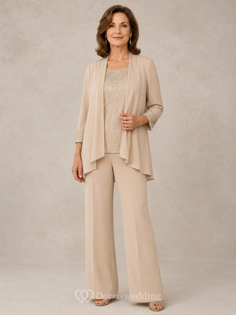 Champagne Beaded Top Mother Pantsuit Champagne Scoop Jewel Jumpsuit Ankle-length
