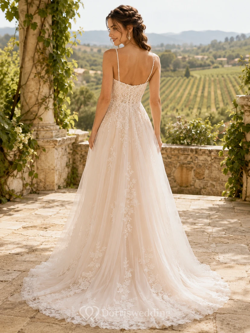Tulle Wedding Dress A-Line Spaghetti Strap Chapel Train Bridal Gown view 2