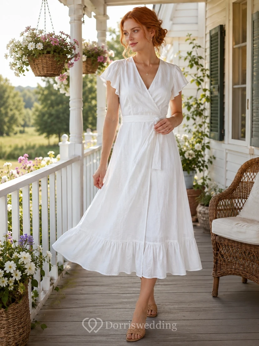 White Cotton V-neck Short Sleeve A-Line Tea-length Vintage Casual Country Garden Ruffled Dress