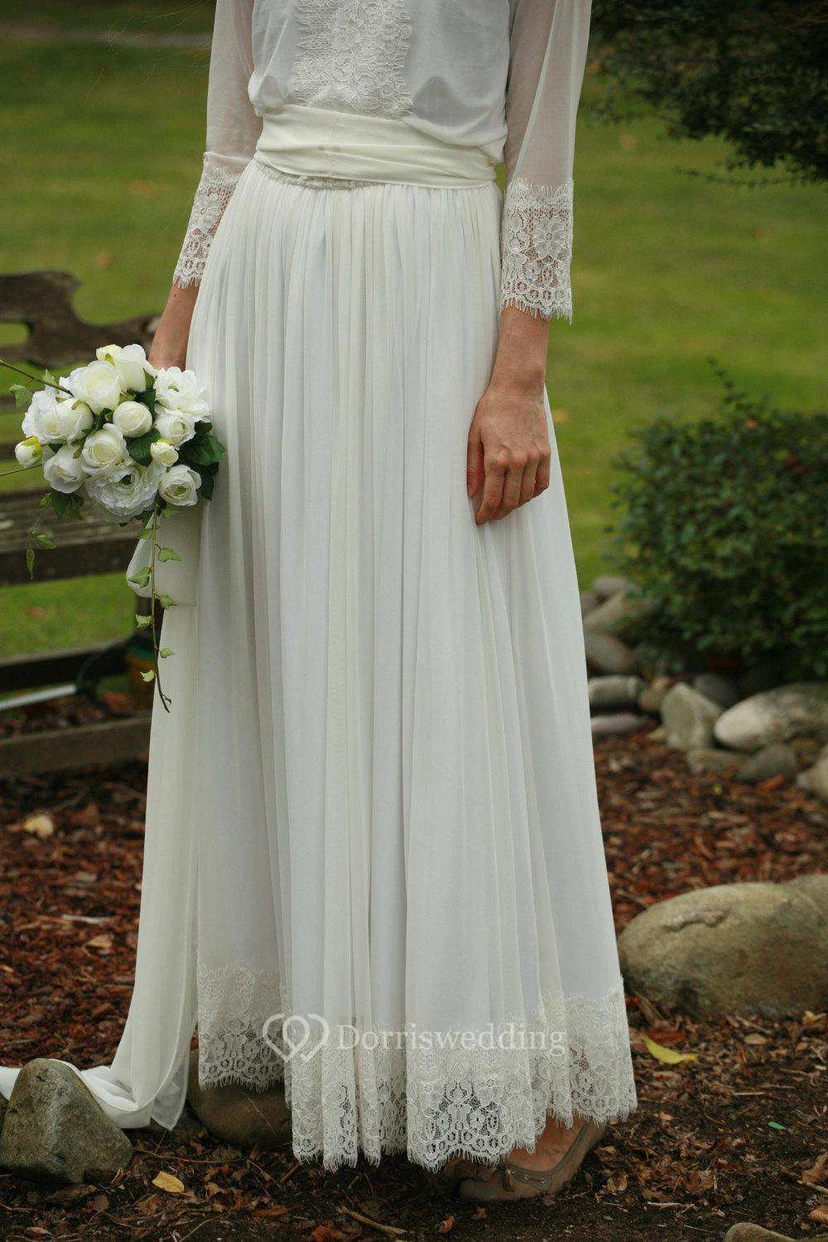 Bateau-Hochzeitskleid mit langen Ärmeln, Spitze und Chiffon, plissiert view 4