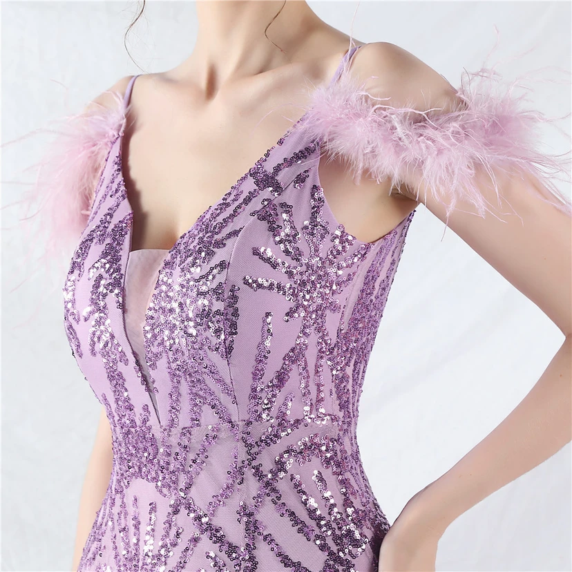 9-farbiges, handgefertigtes Abendkleid aus Kamelfedern, Netzstoff und Pailletten, sexy Trägern view 59