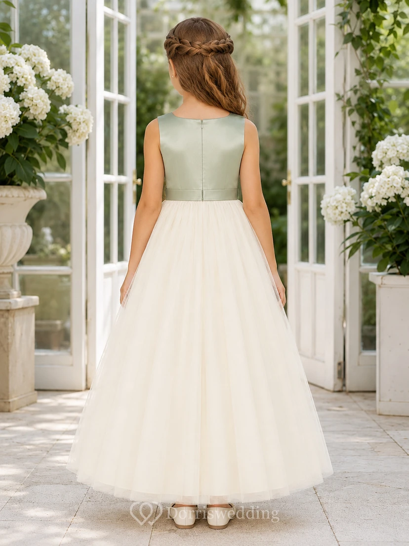 Flower Girl Dress Sage Tulle A-Line Jewel Neck Floor Length Pleated view 2
