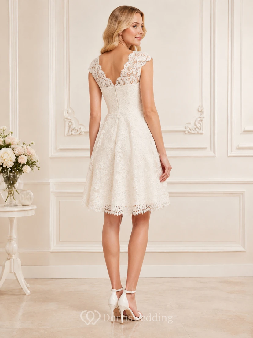 Ziviles kurzes Brautkleid mit V-Ausschnitt, kurzen Ärmeln und Spitze in A-Linie view 2