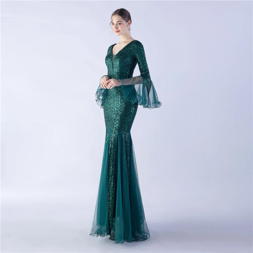 Vestido de noche con lentejuelas, bordado de malla encriptada, estilo artesanal de seda de pez y borde ondulado. view 57