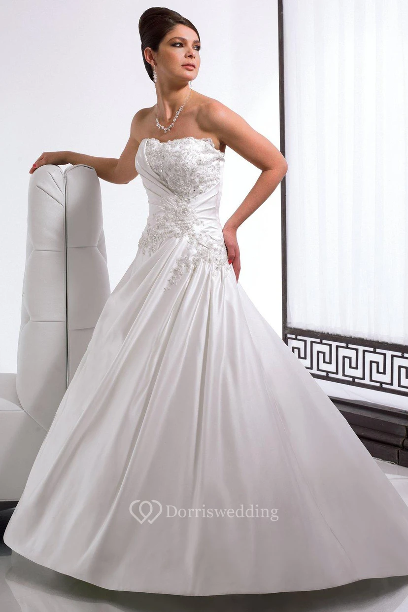 A-Line Appliqued Long Sleeveless Strapless Satin Wedding Dress With Draping And Corset Back