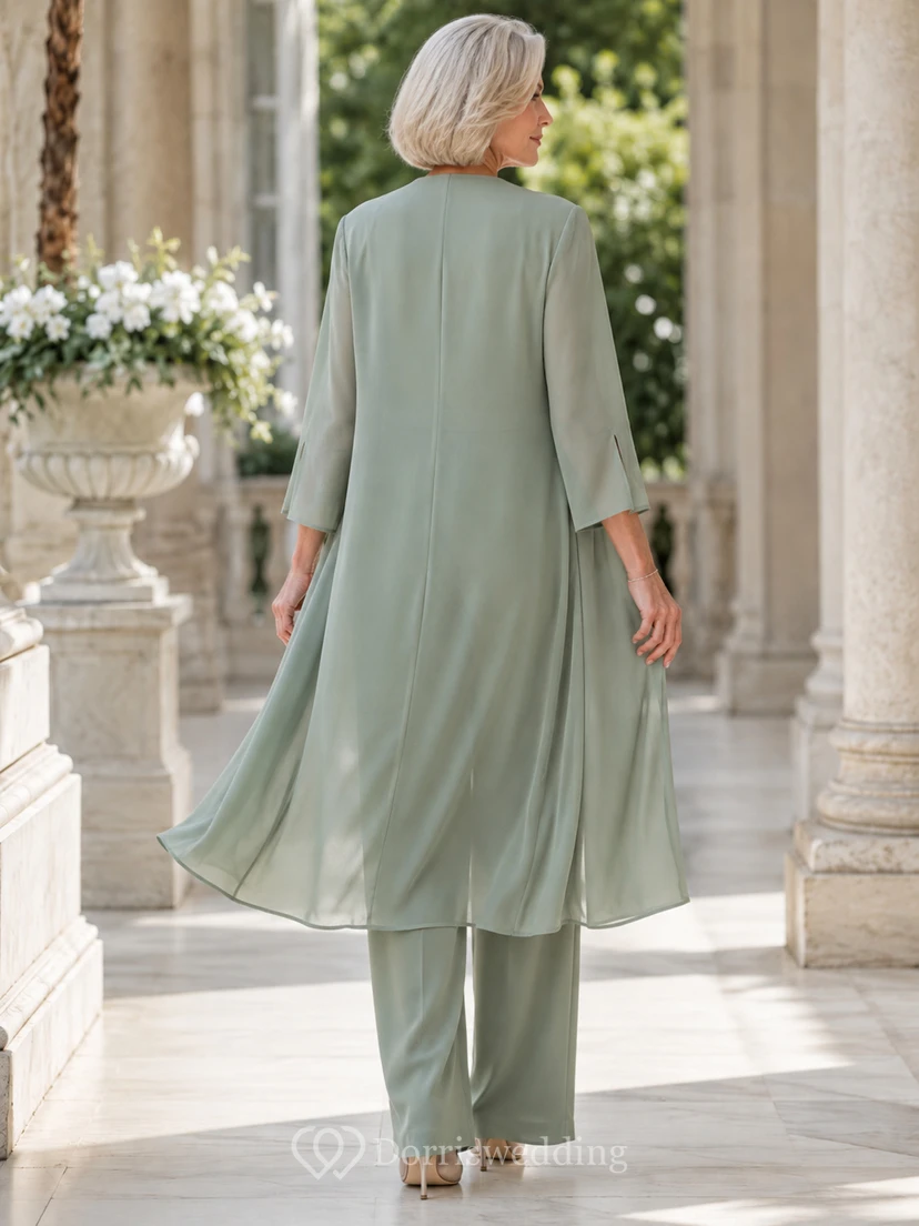 Mother Sage Chiffon Pantsuit with Jewel Neck Long Cape Jacket and Wide Leg Pants view 2