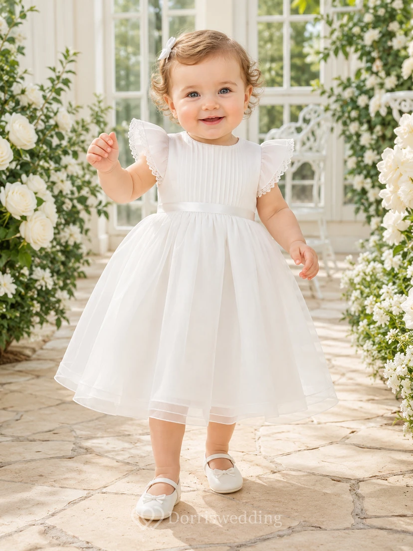 Flutter Sleeve Baptism Dress A-Line Organza Tulle Jewel Neck Simple Bow Back