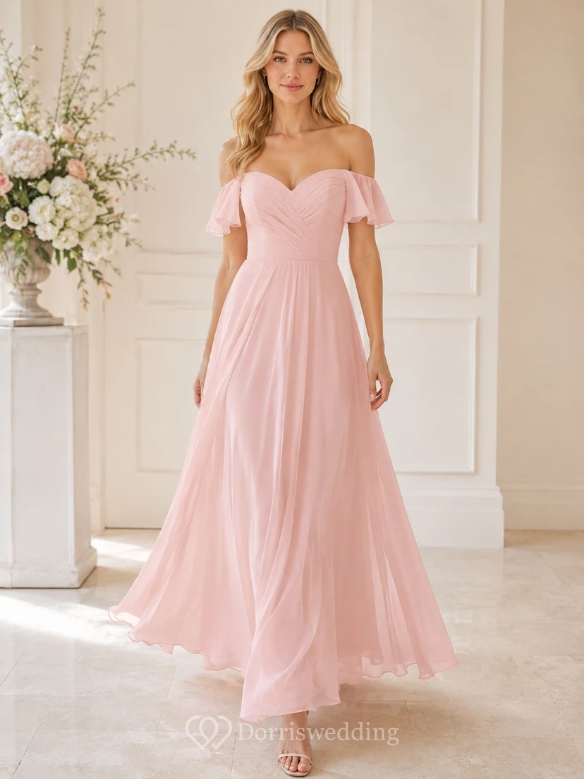 Blush Off-the-shoulder Petal Sleeve Chiffon A-Line Floor-length Bridesmaid Dress