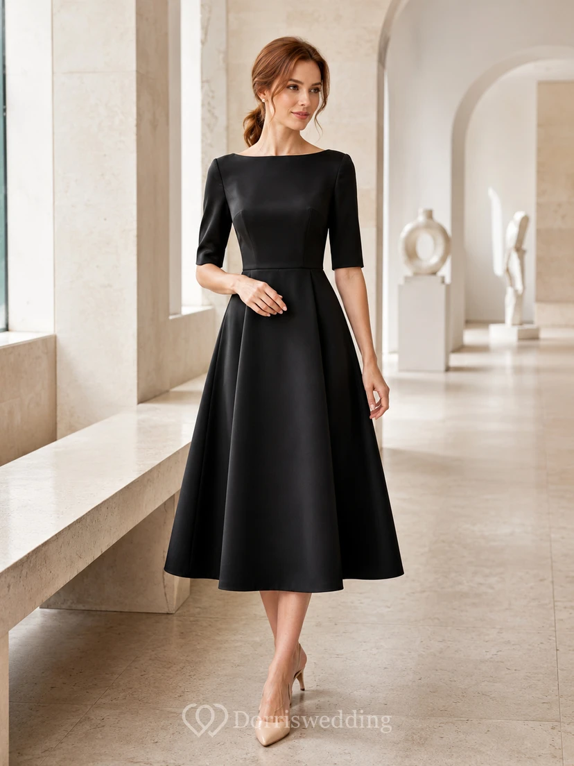 Black Bateau Neck Half Sleeve A Line Gallery Midi Dress