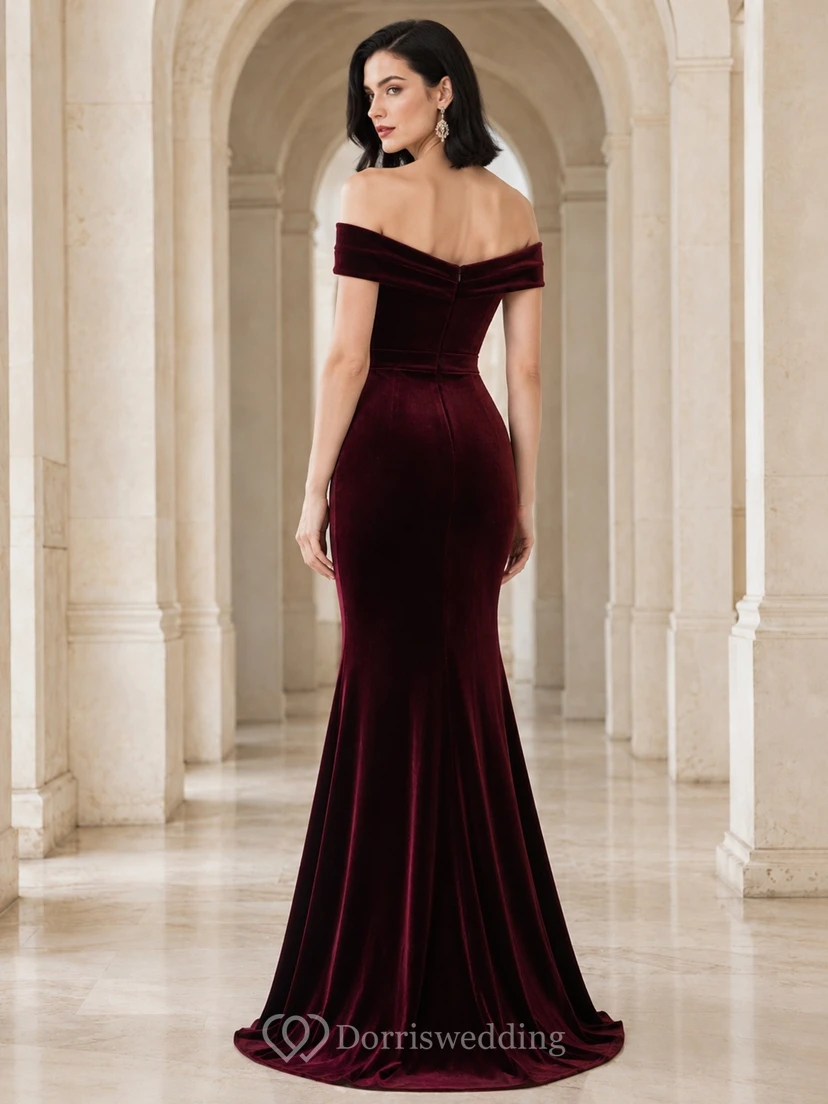 Burgundy Velvet Off-the-shoulder Short Sleeve Ruched Mermaid Sweep-Train Evening Gown view 2
