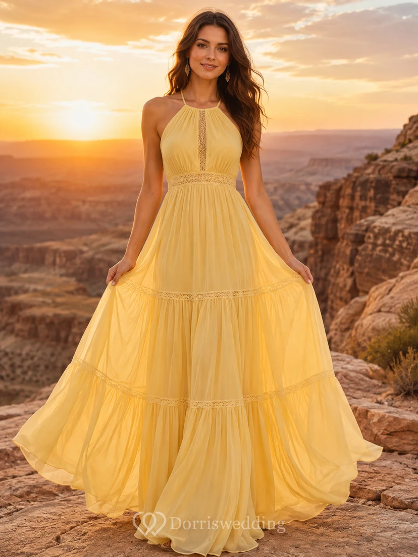 Yellow Halter Tiered Chiffon Desert Elopement Bridal Gown