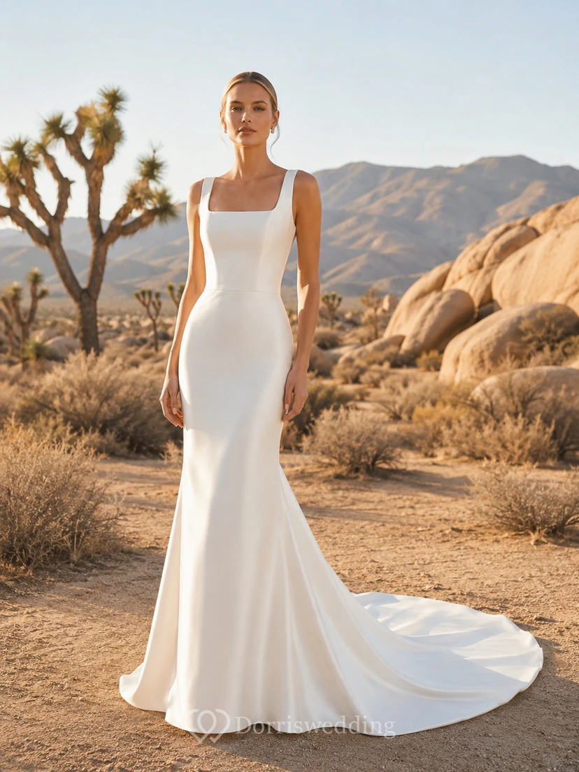 Robe de mariée sirène en satin à col carré et bretelles larges, traîne chapelle, style désertique