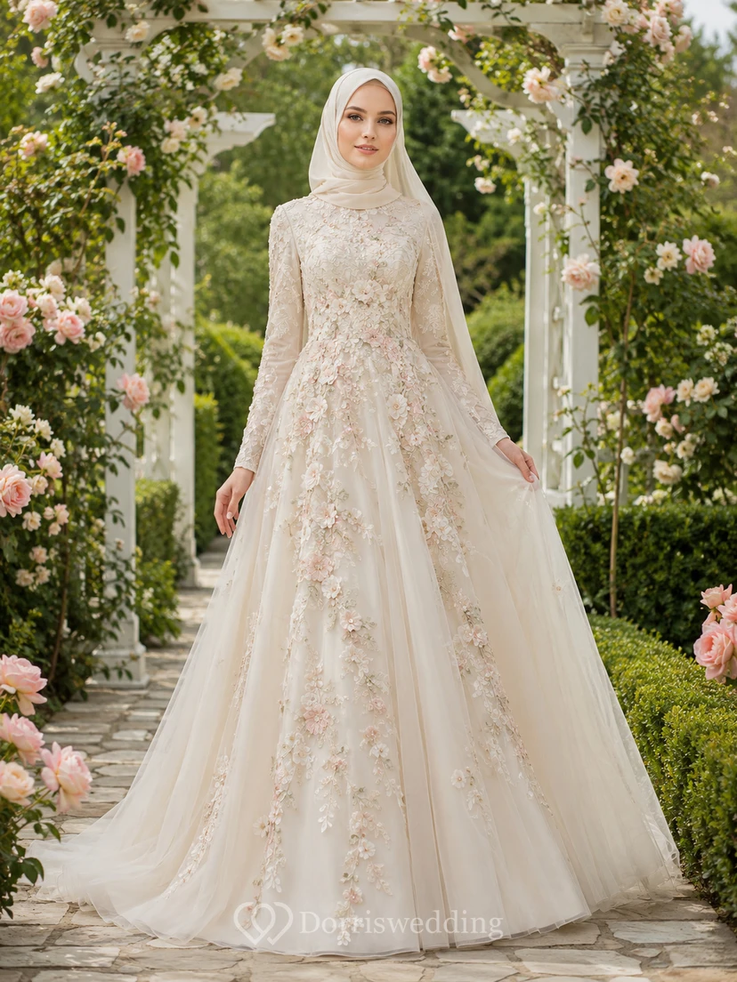 Robe de mariée musulmane modeste à manches longues et coupe trapèze ornée d'appliqués floraux.
