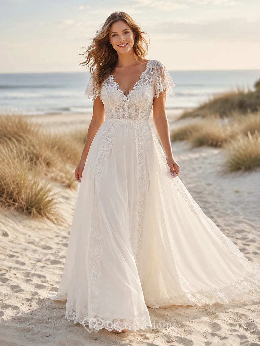 Boho Beach A Line Deep V Cap Lace Sleeve Sweep Train Wedding Dress