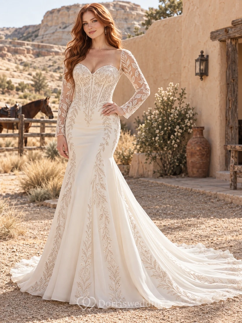 Vestido de novia de satén estilo sirena de manga larga, estilo bohemio campestre, con escote corazón y bordado de enredaderas.