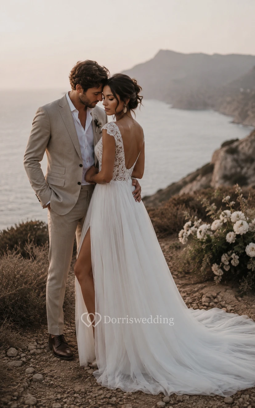 Robe de mariée blanche en dentelle, coupe trapèze, col V et fente sur le devant view 3