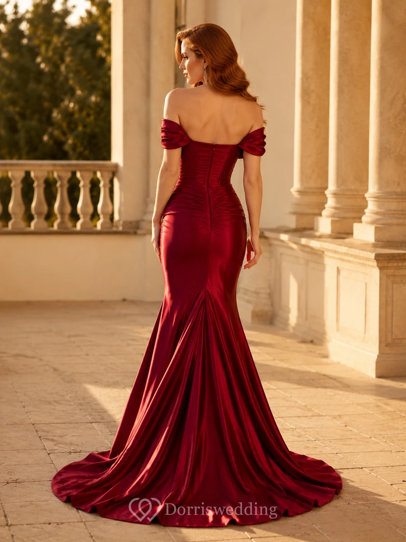 Burgundy Off Shoulder Ruched Satin Mermaid Formal Evening Dress view 2