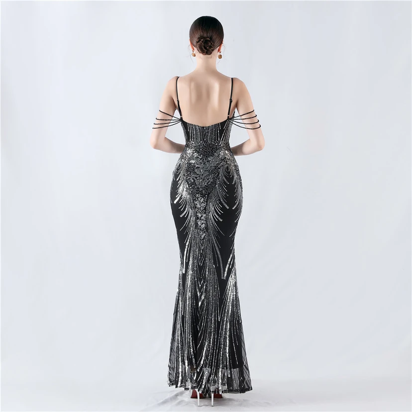 Waist-Reduced Fishbone Shaping Positioning Flower Sequined Anchor Sexy Beaded Suspender Evening Dress view 86