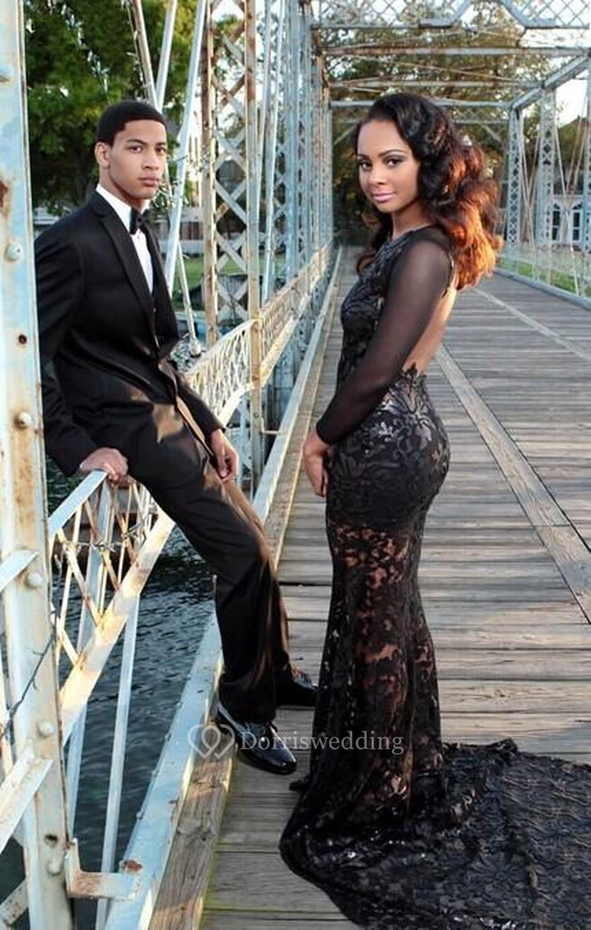 Sexy Black Long Sleeve Appliques Evening Dress Open Back With Train view 2