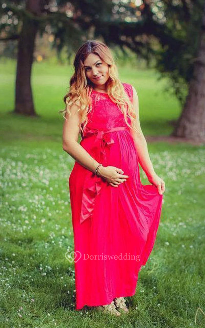 A-line Scoop Sleeveless Floor-length Chiffon Lace Dress view 3