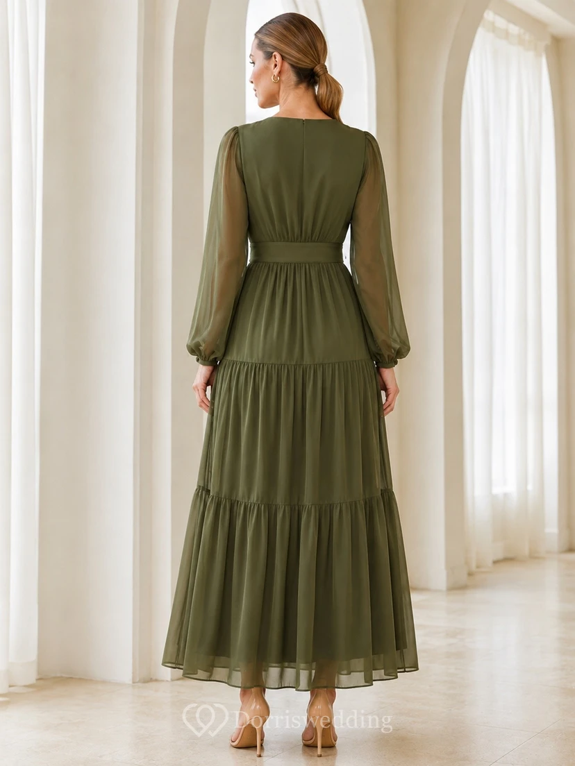 Olive Green Chiffon V-Neck Long-Sleeve Tiered Floor-Length Dress view 2