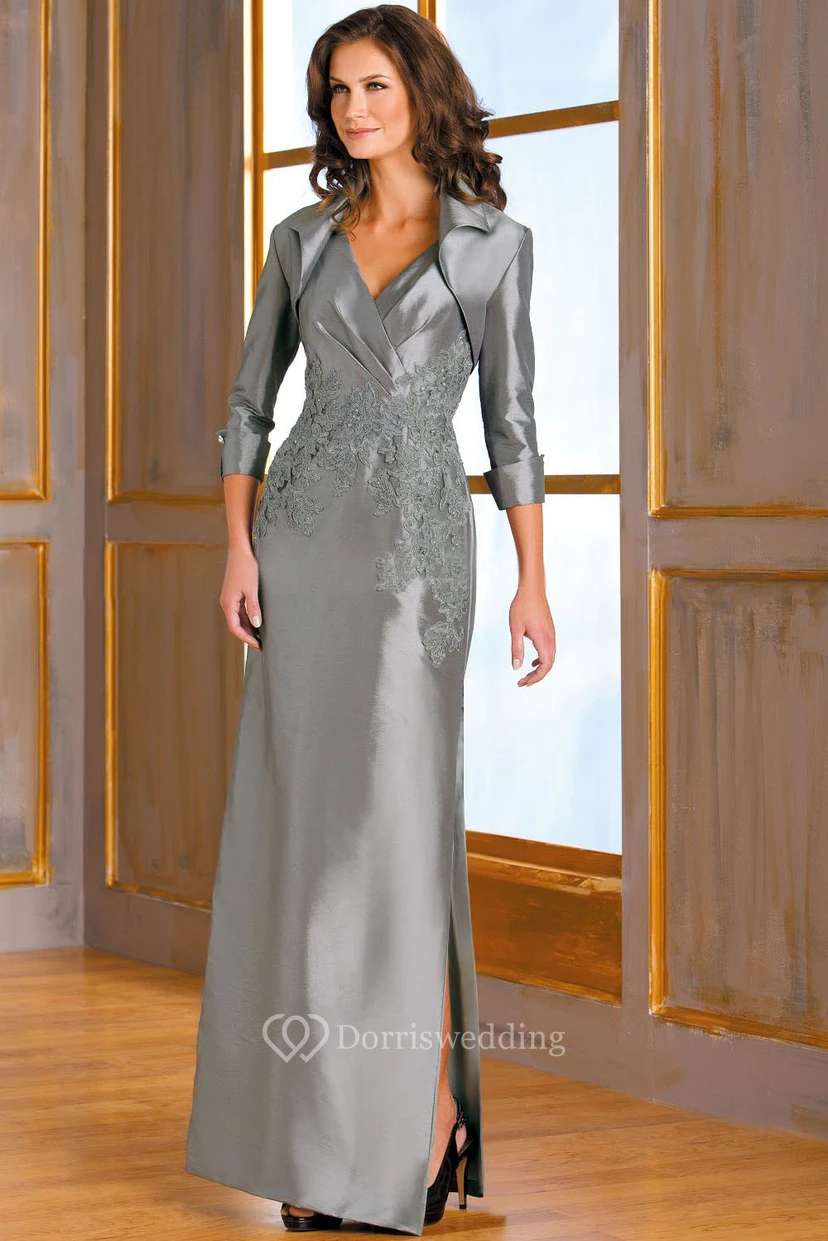 Sleeveless V-Neck Satin Mother Of The Bride Dress With Appliques And Jacket Style