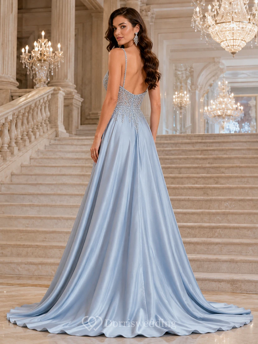 Light Blue Crystal Bodice Satin A Line Gala Gown view 2