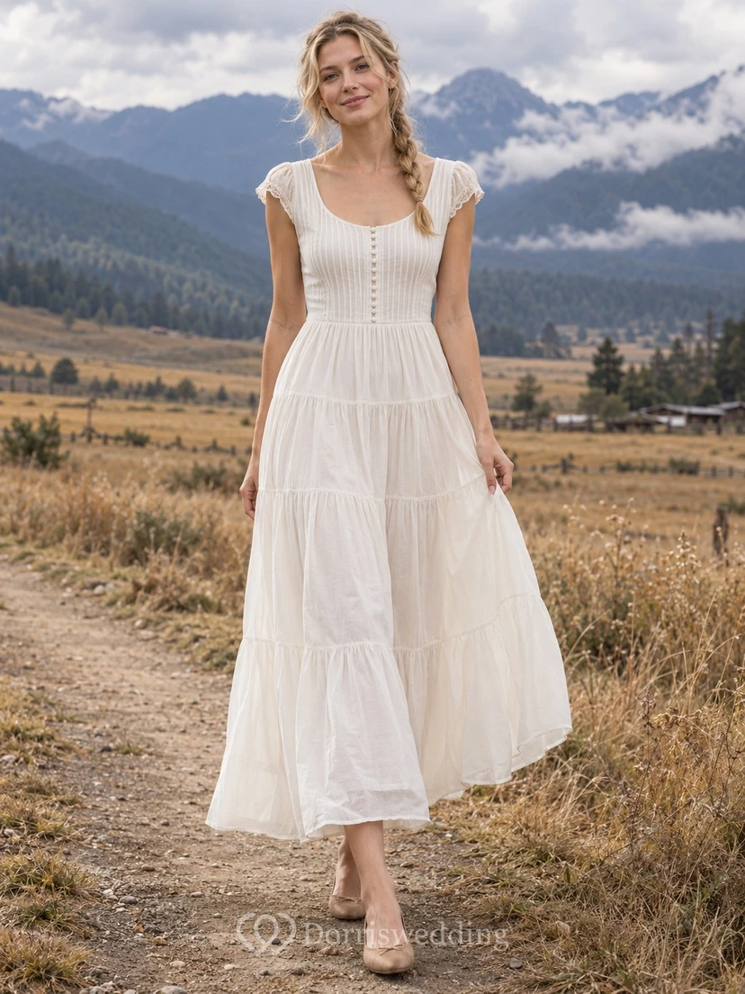 Schlichtes, knöchellanges A-Linien-Brautkleid mit V-Ausschnitt, kurzen Ärmeln und Stufenrock
