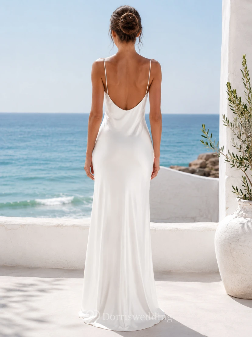 Strandhochzeitskleid aus Chiffon, Etuikleid mit Spaghettiträgern, bodenlang, mit offenem Rückenschlitz view 2