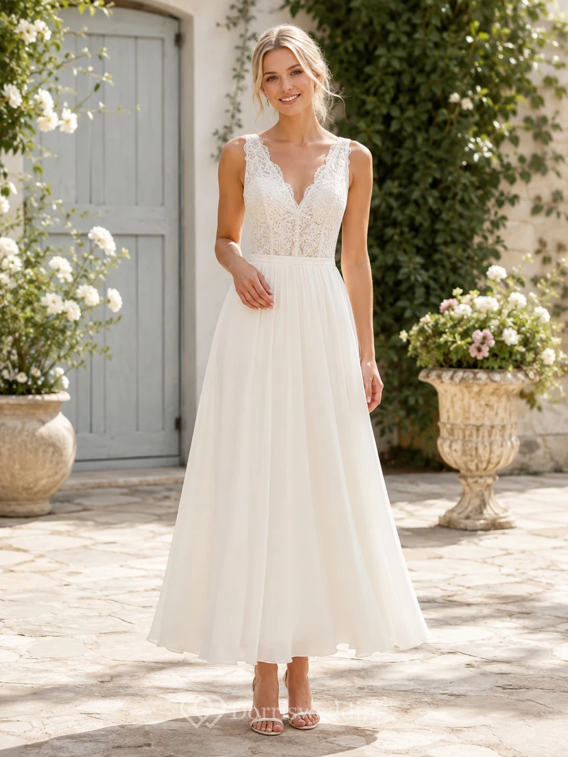 Robe de mariée vintage en dentelle et tulle, coupe trapèze, col en V, sans manches, longueur thé.