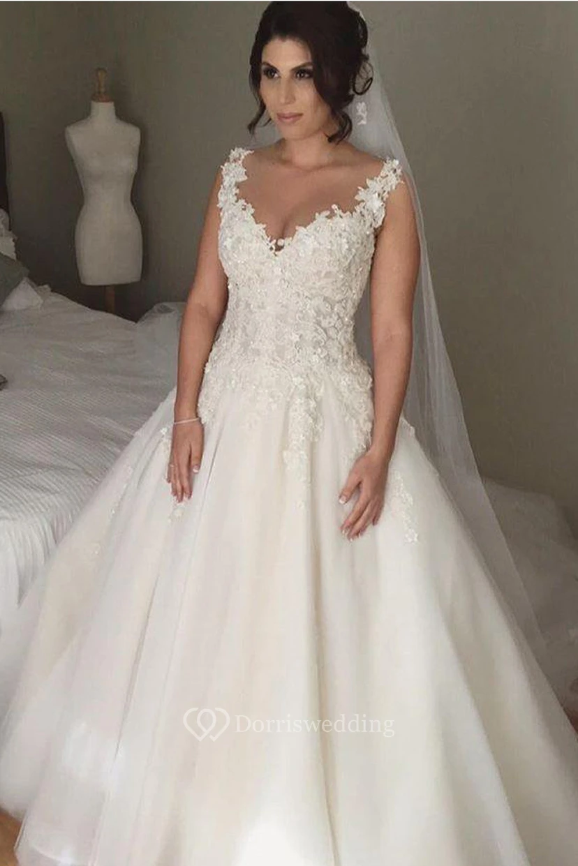 Elegant Tulle Lace Appliques Wedding Dress Styles Button Zipper Back