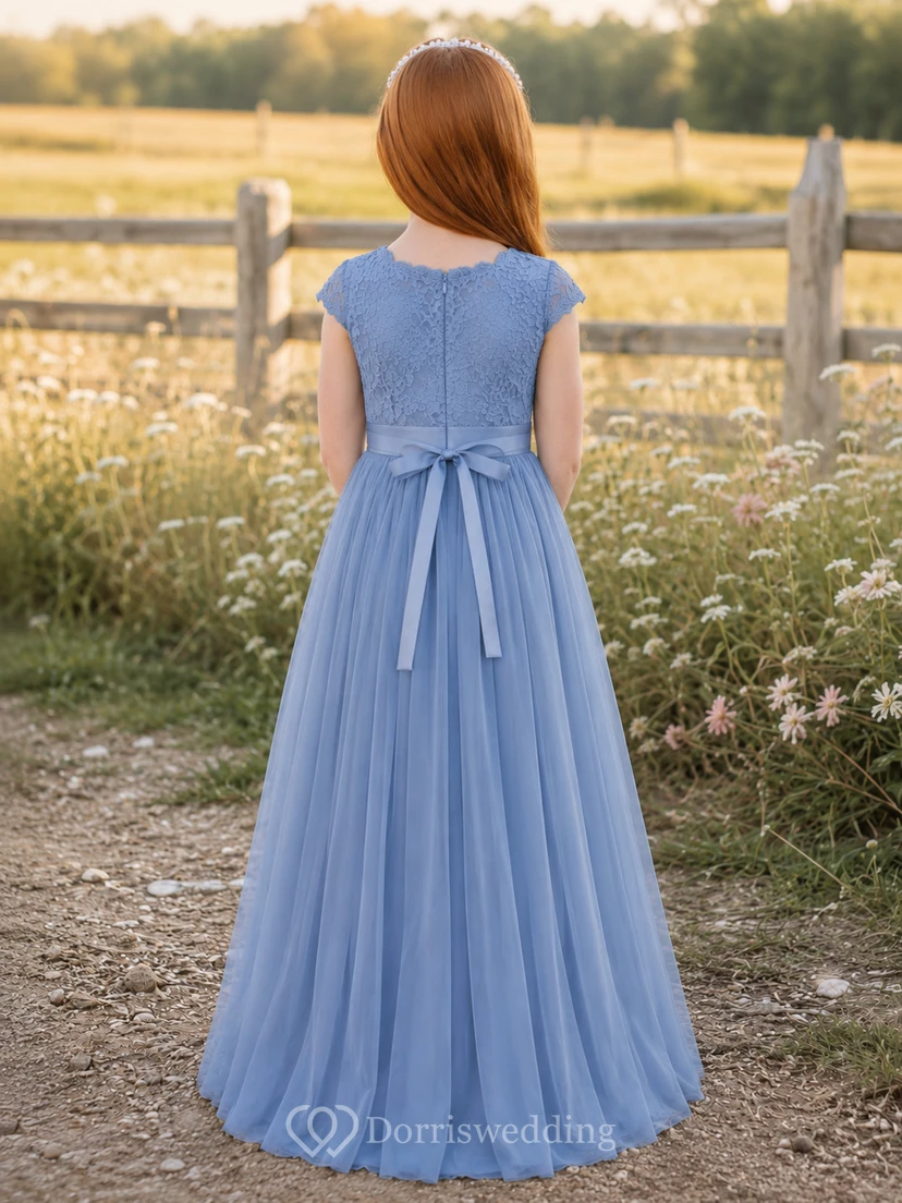 Lace Bodice Tulle A-Line Flower Girl Dress with Short Sleeves, Jewel Neck and Tea-Length Skirt view 2