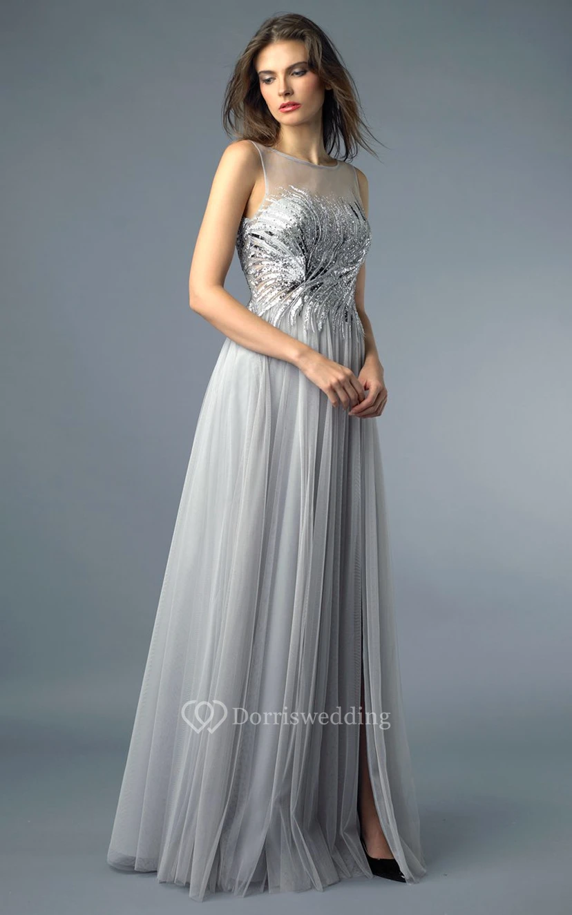 A-line Floor-length High Neck Sleeveless Tulle Low-V Back Dress