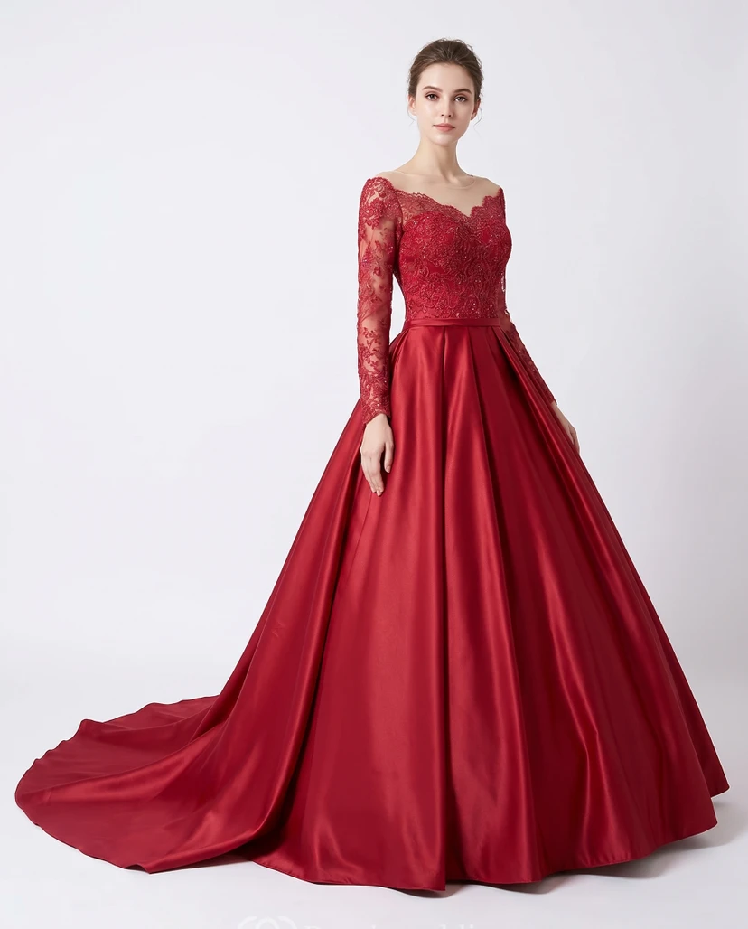 Red Satin Ball Gown MOB A-Line Dress with Long Lace Sleeves