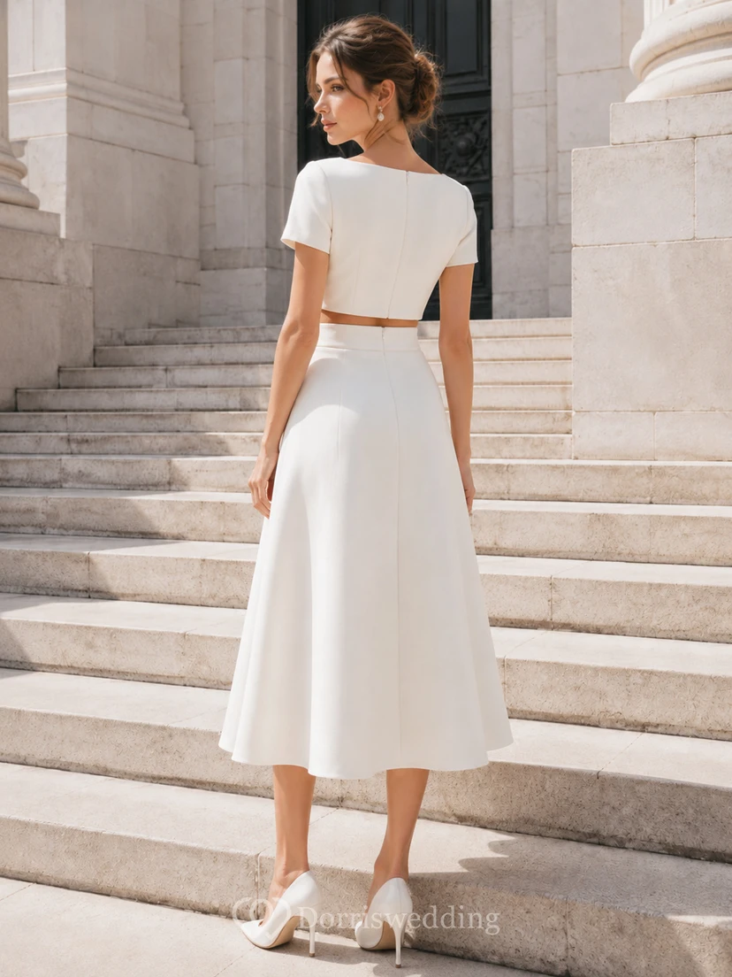 Two Piece Square Neck Civil Midi Skirt Wedding Dress view 2