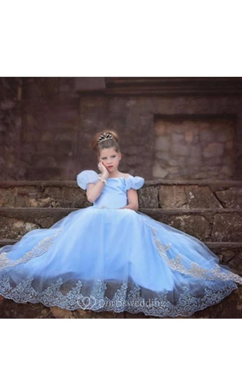 Flower Girl Off-the-shoulder Tulle Ball Gown With Puff Sleeve view 3