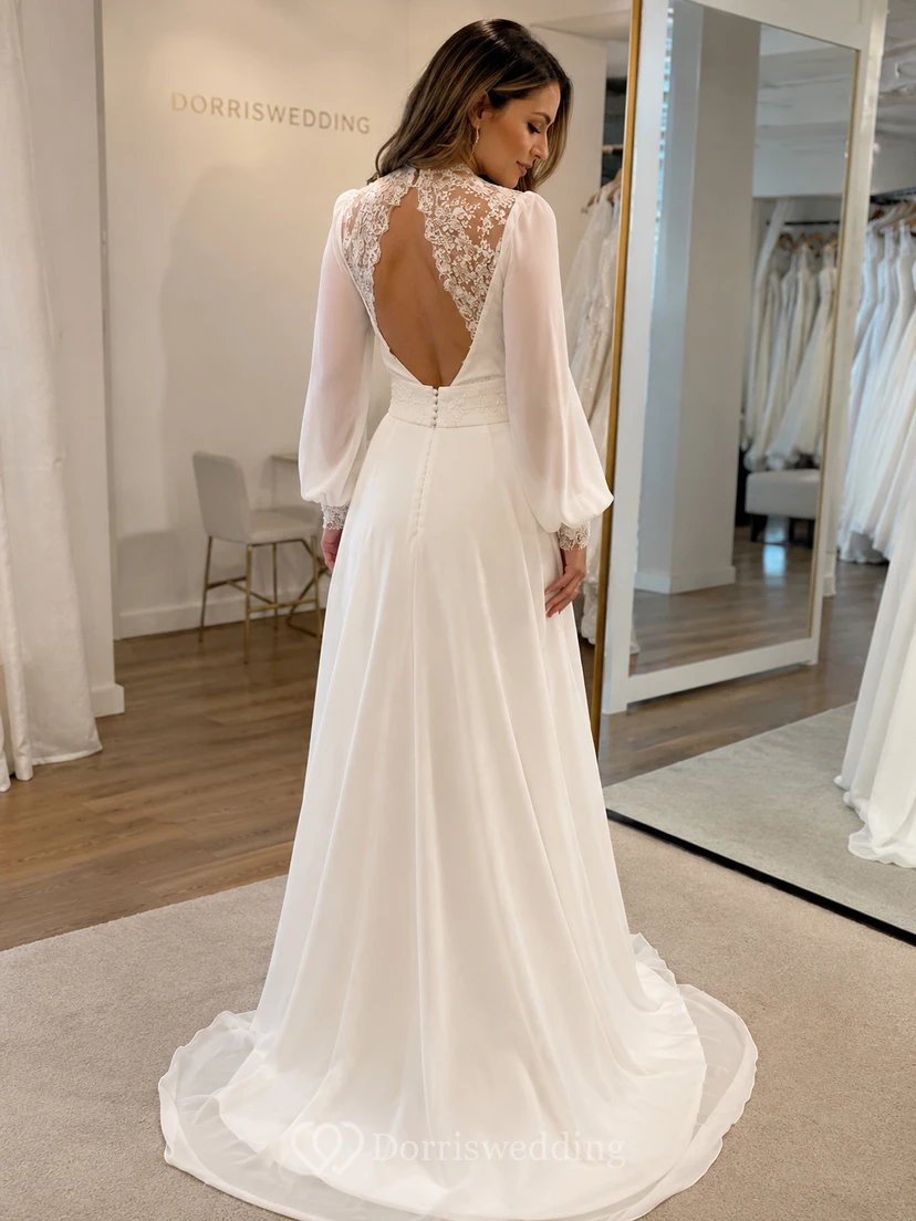 Langärmeliges Chiffon-Brautkleid in A-Linie mit offenem Rücken aus Spitze view 6