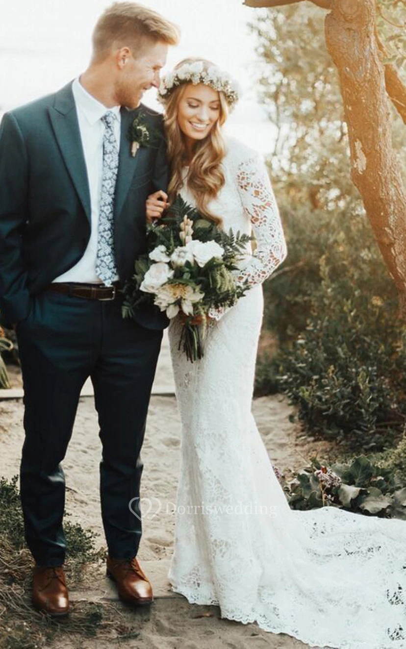 Vestido de novia bohemio de manga larga con encaje, corte modesto y falda acampanada view 3