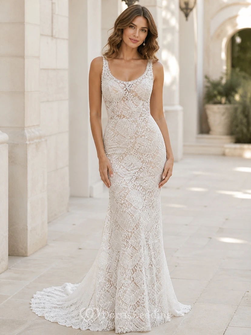 Vestido de novia bohemio estilo sirena, sin mangas, con escote redondo y encaje geométrico, cola larga.