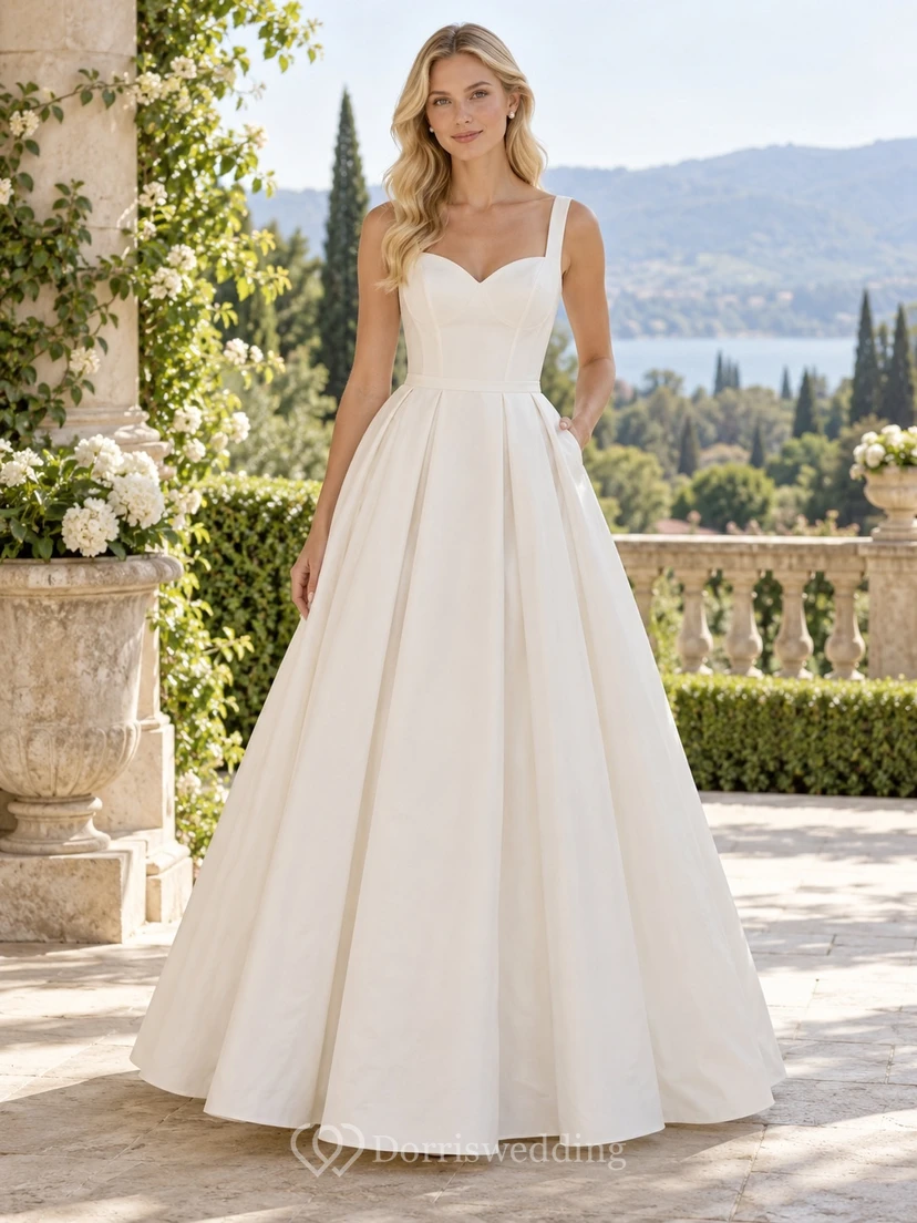 Vestido de novia sencillo de corte A, escote corazón, tirantes anchos, sin mangas, plisado, de popelina tejida.