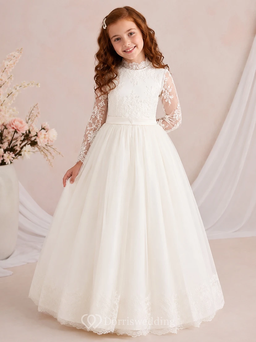 Vestido formal de té para niña de las flores, de manga larga, cuello alto, encaje y tul.