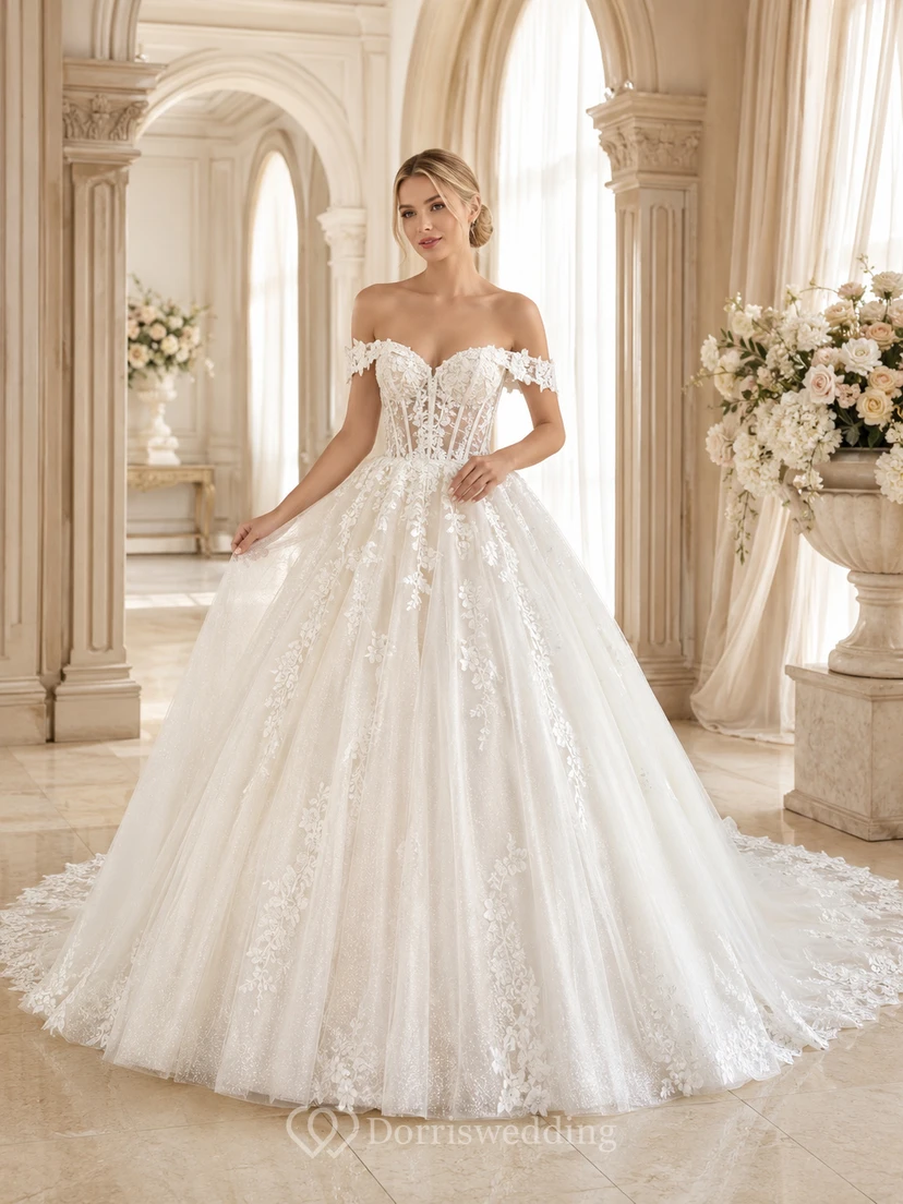 Robe de bal romantique en dentelle florale à épaules dénudées et traîne cathédrale