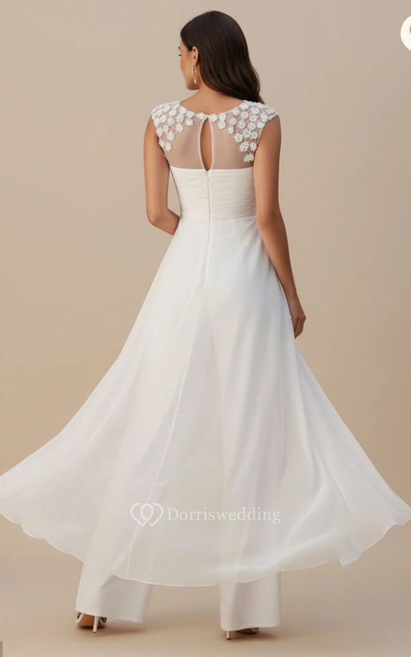Romantic V-Neck Bridal Jumpsuit with Floral Shoulder Appliqués & Ruched Bodice view 2