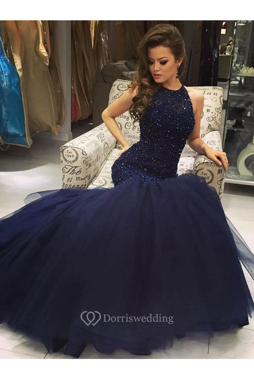 Mermaid Trumpet Lace Tulle High Neck Sleeveless Keyhole Dress