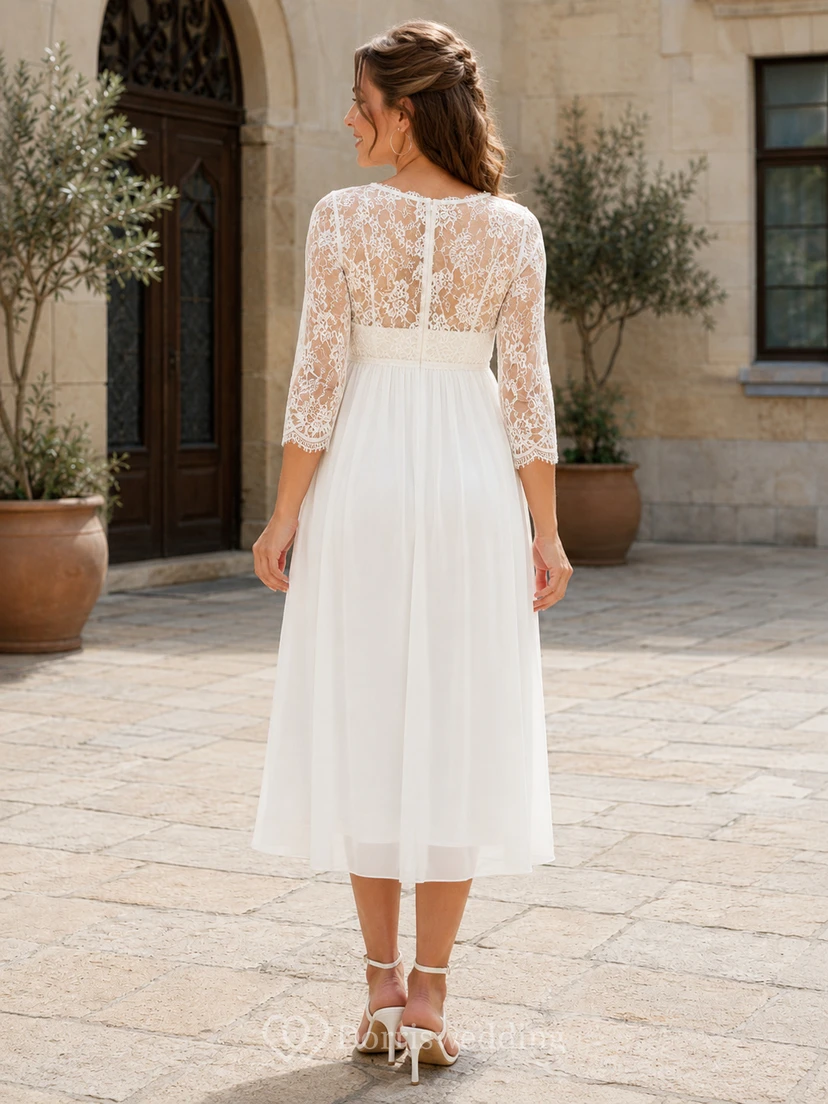Maternity V Neck Three Quarter Lace Sleeve Chiffon Empire Tea Civil Wedding Dress view 2