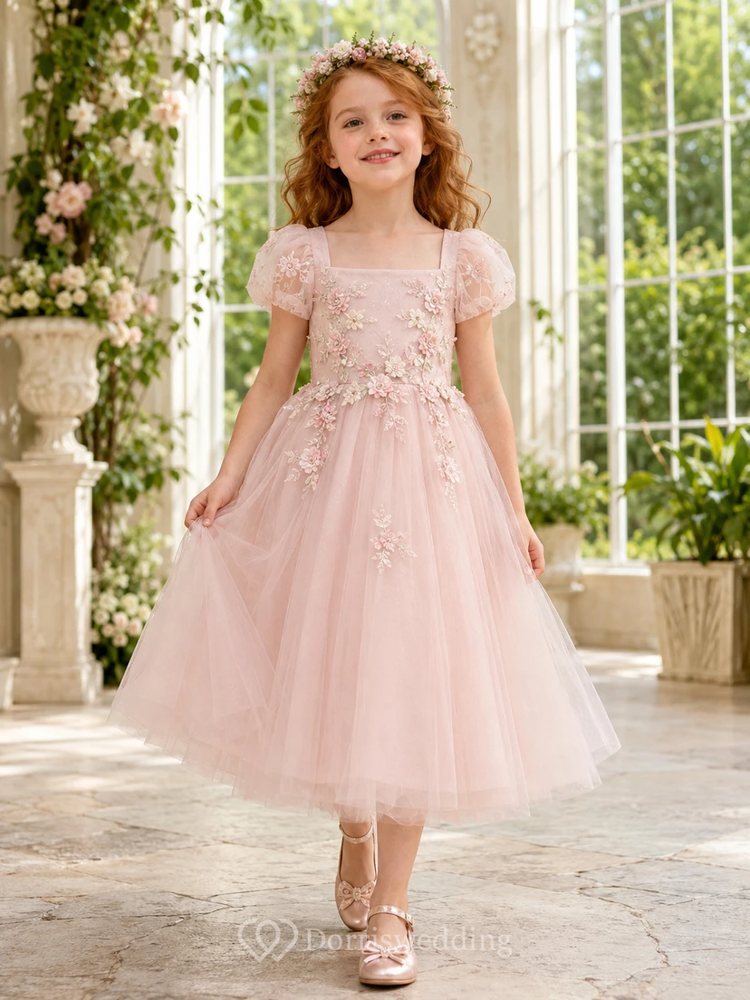 Flower Girl Dress Blush Lace Tulle A-Line Short Sleeve Jewel Neck Tea Length Applique