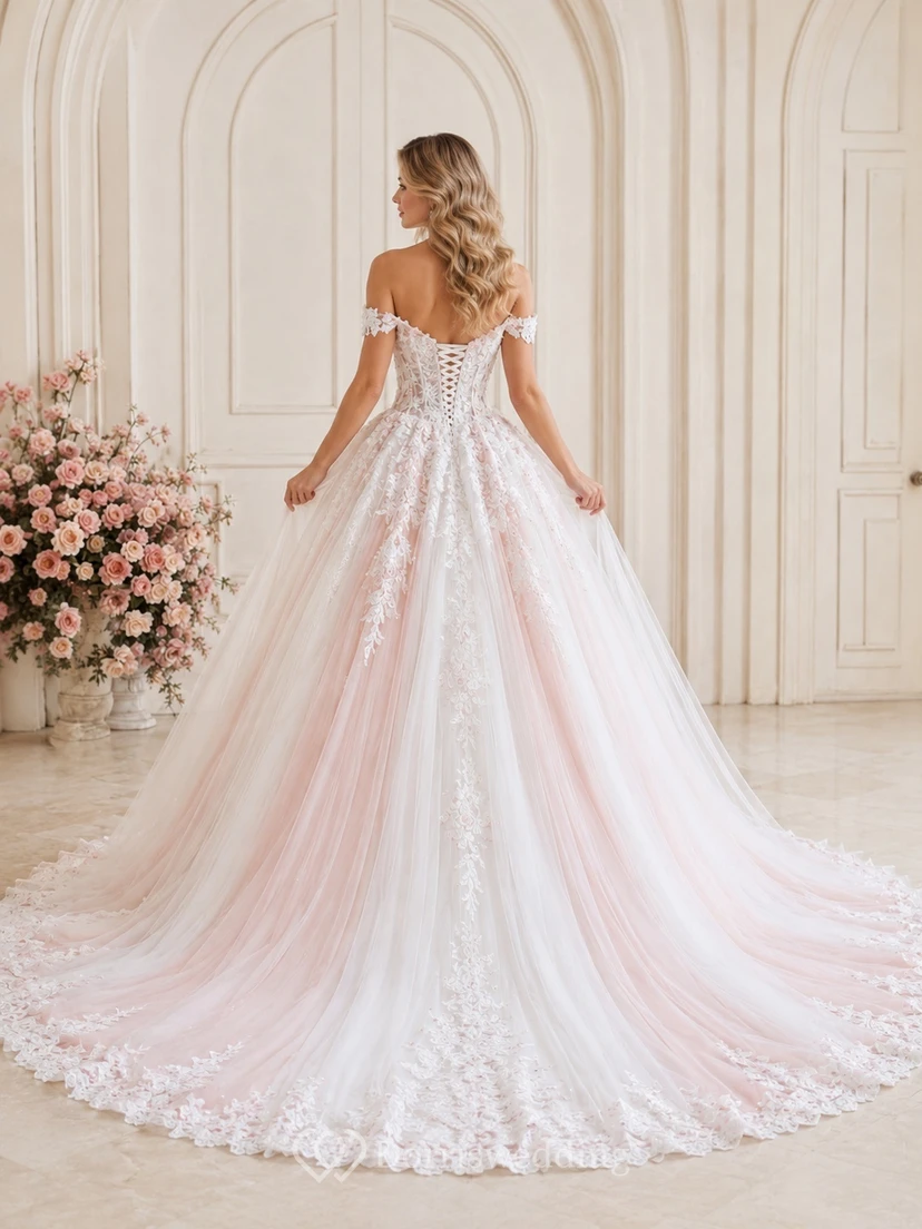 Rosafarbenes, schulterfreies Tüll-Ballkleid mit Herzausschnitt und Schleppe – ein perfektes Prinzessinnen-Hochzeitskleid view 2