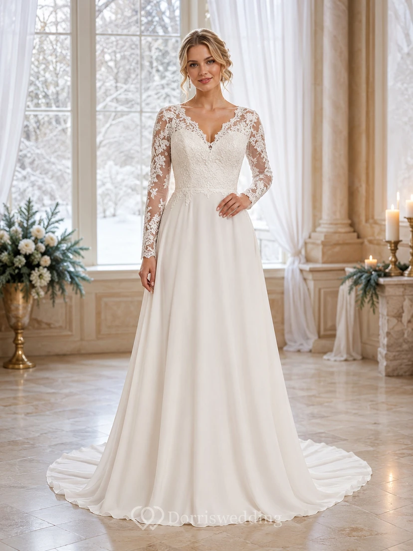 Affordable Long Sleeve Lace V-Neck Chiffon Winter Bridal Gown